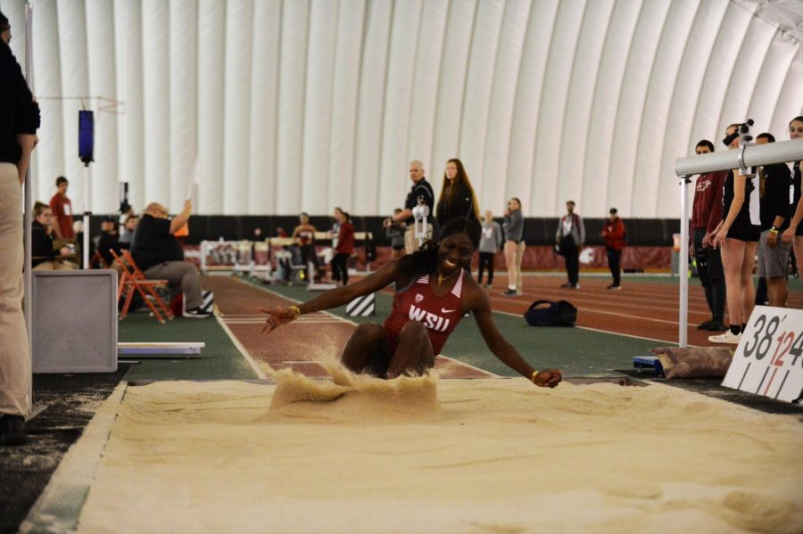 Then-freshman+triple+jump+Charisma+Taylor+completes+a+successful+jump+at+the+WSU+Open+Indoor+Open+on+Friday+at+the+Indoor+Practice+Facility.