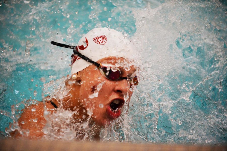 Then-freshman Mikaela Kirton swims the second leg of the 3x50 yard Breaststroke relay on Sept. 27, 2019 at Gibb pool.