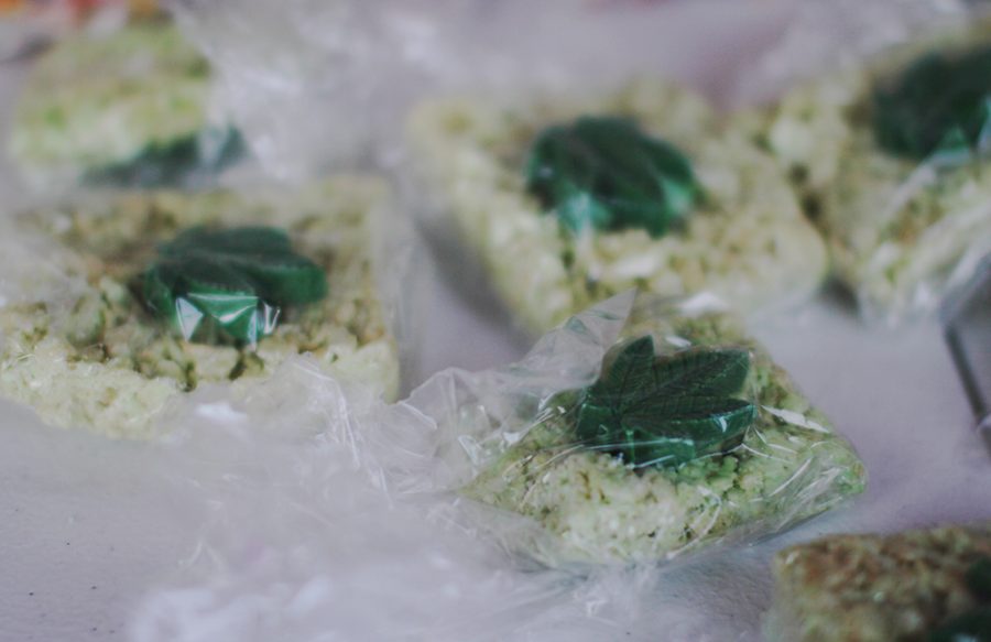 Rice crispy treats with cannabis leaf molds of dyed white chocolate for sale Friday Jan 17 outside of Floyds Cannabis Co.