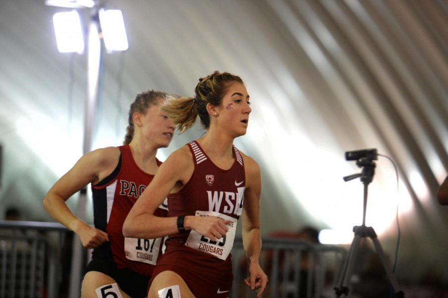 Then-redshirt sophomore Alexis Redfield competes in the 3000 meter race at the WSU Indoor Meet in the Indoor Practice Facility, Jan. 19, 2019. Redfield placed third in the event with a time of 10:42.25.