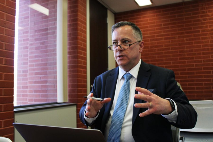 Phil Weiler, vice president of marketing and communications at WSU, discusses Workday which is the new financial management software that WSU plans to use to combat fraud, during an interview on Thursday afternoon in the Lighty French Administration Building. 