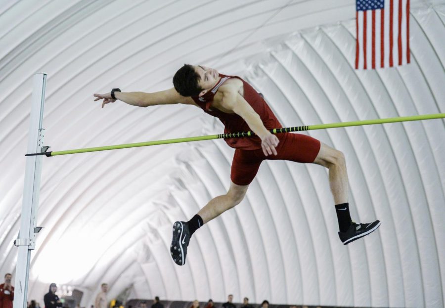 Then-sophomore+Mitch+Jacobson+clears+the+bar+in+the+high+jump+at+the+WSU+Indoor+Meet+January+19th+2019+at+the+Indoor+Practice+Facility.+