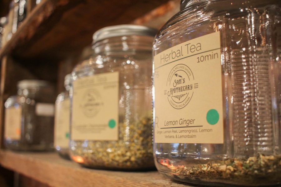 A wide variety of loose leaf herbal teas including lemon ginger are displayed on a shelf at Sam’s Apothecary at 250 E. Main Street in downtown Pullman. 