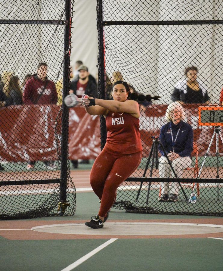 Then-sophomore weights thrower Lovely Tukuafu prepares to throw at the WSU Open Indoor Open on Jan. 18, 2019.