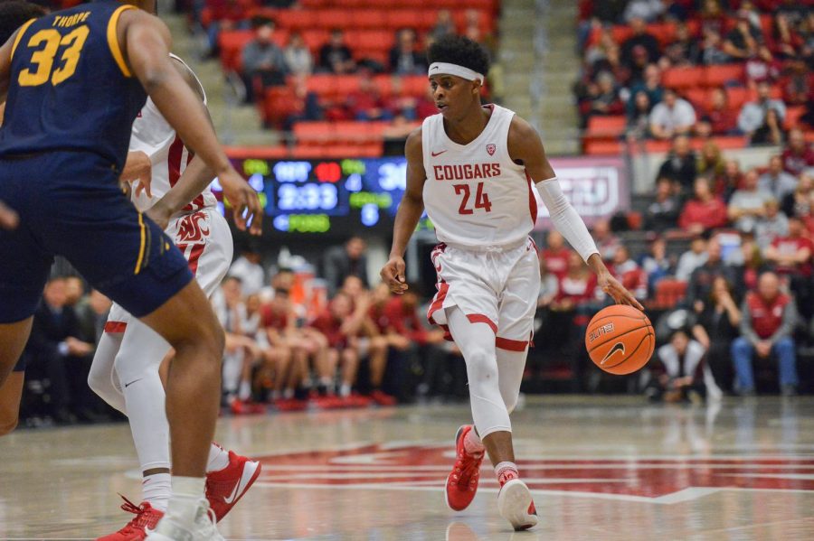 Freshman Noah Williams looks to move up the court against California on Wednesday evening at Beasley Coliseum.