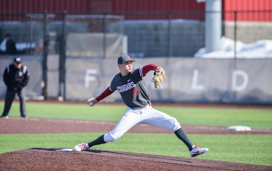 Then-sophomore right-handed pitcher Hayden Rosenkrantz pitches during the third game of the series against CSUN on March, 10 2019 at      Bailey-Brayton Field.