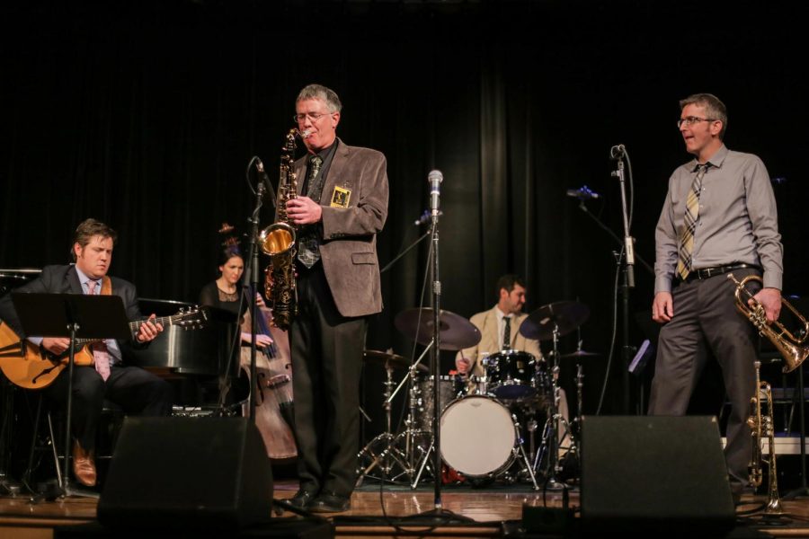 From left, Graham Dechter, Dave Hagelganz and Kevin Kanner, the All-Star Quartet, play at the 2016 Lionel Hampton Jazz Festival. 