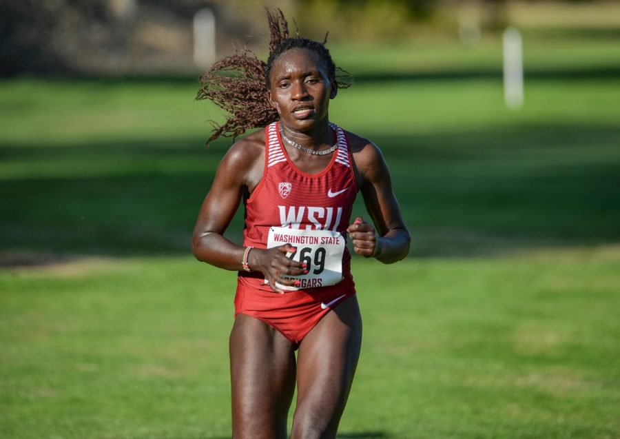Then-redshirt Senior Janet Okeago competes in the 4k race on August 30 2019 at the Colfax Golf Course for the WSU XC Open.