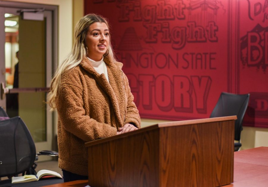 Grace Hendrickson, member of the ASWSU Executive Board, advocates for an additional deputy director position within ASWSUs Communications team, as the current three director struggle to hold down their tasks, during the ASWSU meeting, Wednesday evening, at the CUB.
