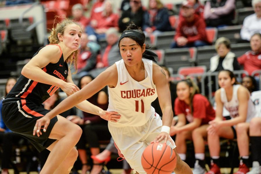 Then-junior+guard+Chanelle+Molina+dribbles+past+Oregon+State+University+then-senior+guard+Katie+McWilliams+on+Jan.+27%2C+2019+at+Beasley+Coliseum.+WSU+lost+the+game+52-35.