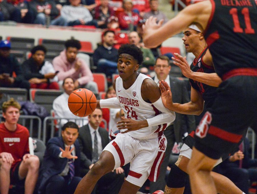 Freshman Guard Noah Williams looks to make a move against Stanford on Feb. 23 at Beasley Coliseum.