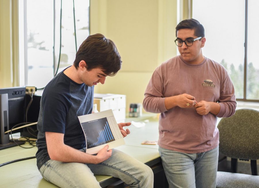 Mark Lees, a junior landscape architecture major, and Jesus Gomez, a junior landscape architecture major, discuss how they predicted the population for the future project on March 2 at Carpenter Hall.
