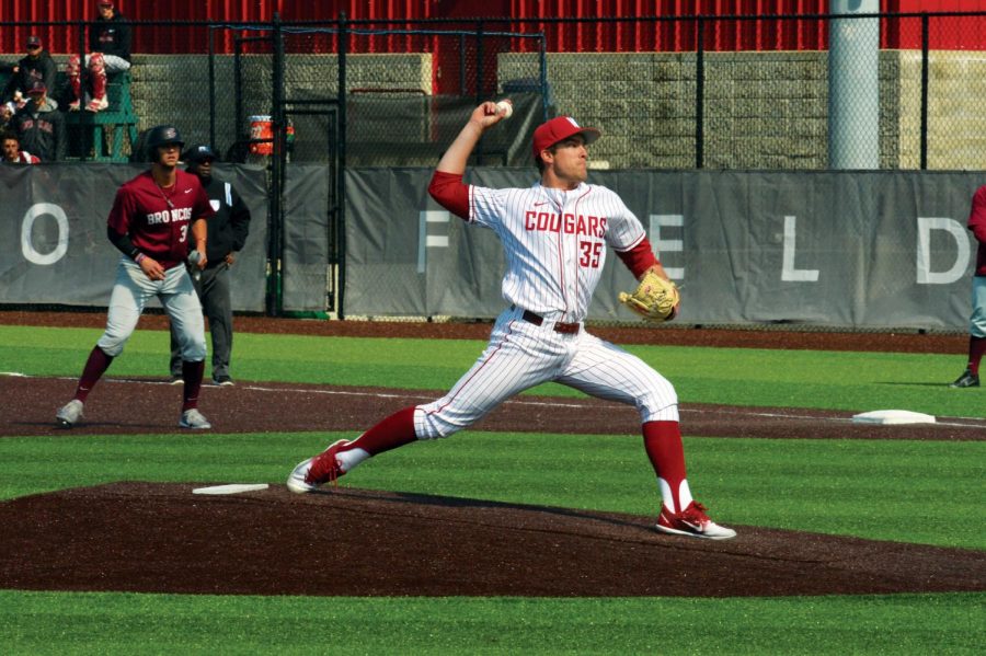 Redshirt senior right-handed pitcher Collin Maier throws a pitch against Santa Clara on April 22 at Bailey-Brayton Field.