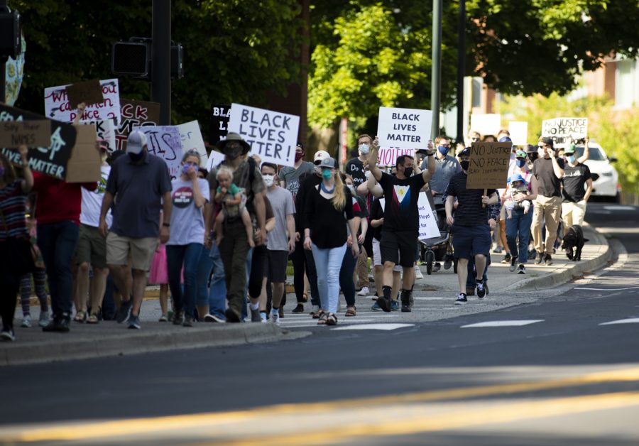 Protesters gathered at Martin Stadium and marched to Pullman City Hall where they held a rally in support of the Black Lives Matter movement Friday evening.
