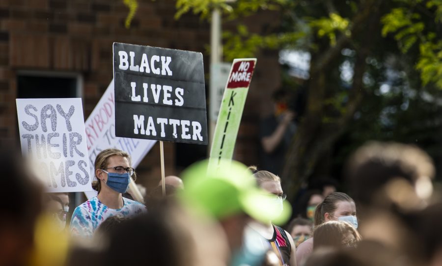 Protesters gathered at Martin Stadium and marched to Pullman City Hall where they held a rally in support of the Black Lives Matter movement Friday evening.