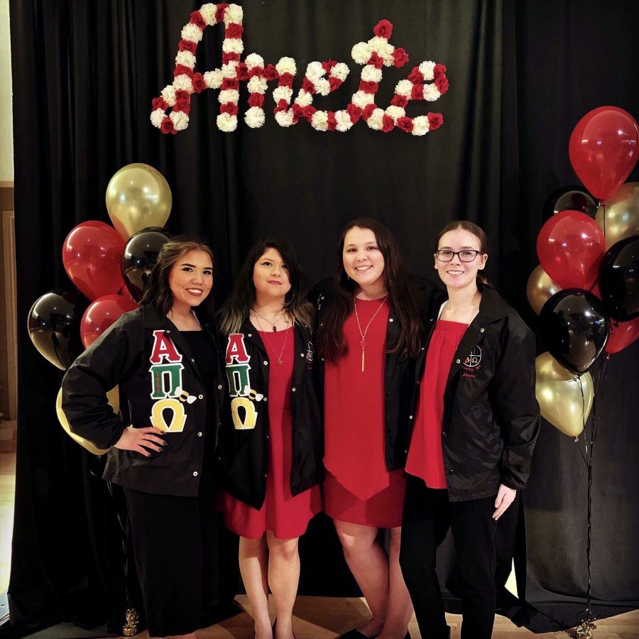 WSUs Xi chapter of the Alpha Pi Omega sorority has been chartered this month. Members, from left to right: Kaitlin Srader, Isabel Walker and Hailey Crow. 
