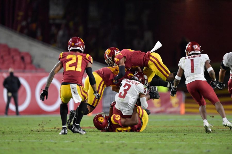 Redshirt senior Deon Mcintosh rushed for 65 yards against USC on Dec. 6, his lowest rushing total so far in the 2020 season.