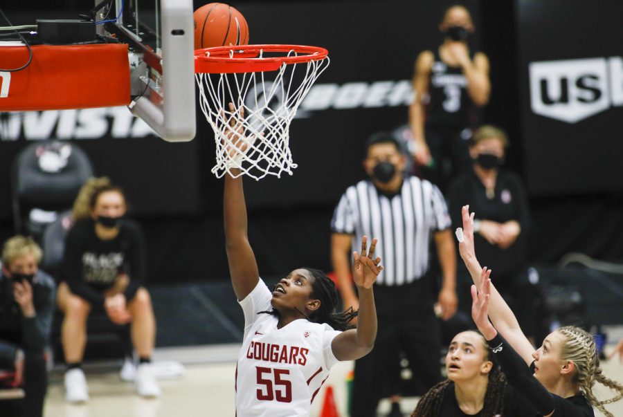 Sophomore center Bella Murekatete completes a layup during the game against Stanford.