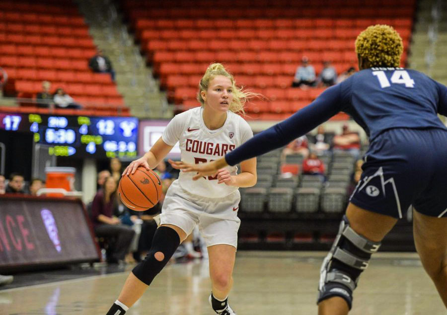 Sophomore guard Grace Sarver looks for open teammates against BYU.