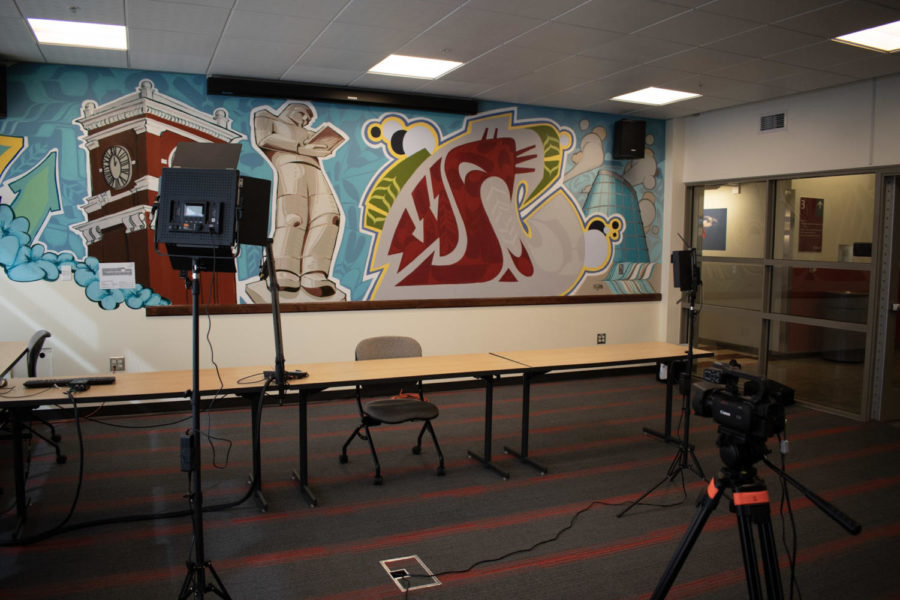 There are multiple cameras, screens and microphones available for use inside the streaming room.