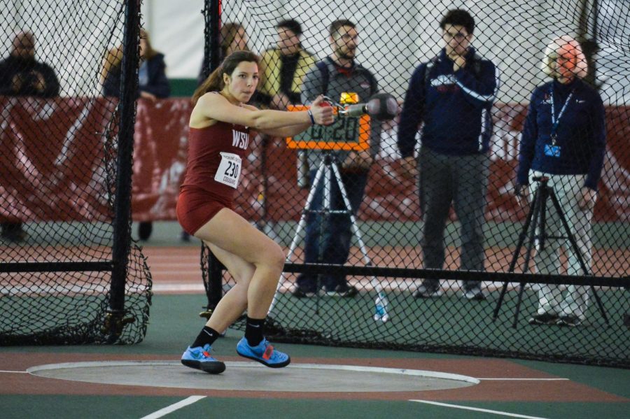 Then-freshman+weight+thrower+Amy+Kraemer+competes+in+the+women+open+weight+throw+at+the+WSU+Open+Indoor+Track+and+Field+Meet+on+Jan.+19%2C+2019+at+the+Indoor+Practice+Facility.