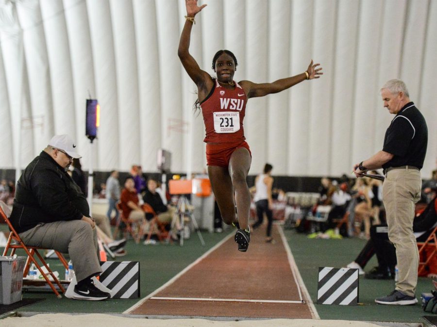 Then-freshman+Charisma+Taylor+competes+in+the+long+jump+during+the+WSU+Indoor+Meet+on+Jan.+19%2C+2019+at+the+Indoor+Practice+Facility.+