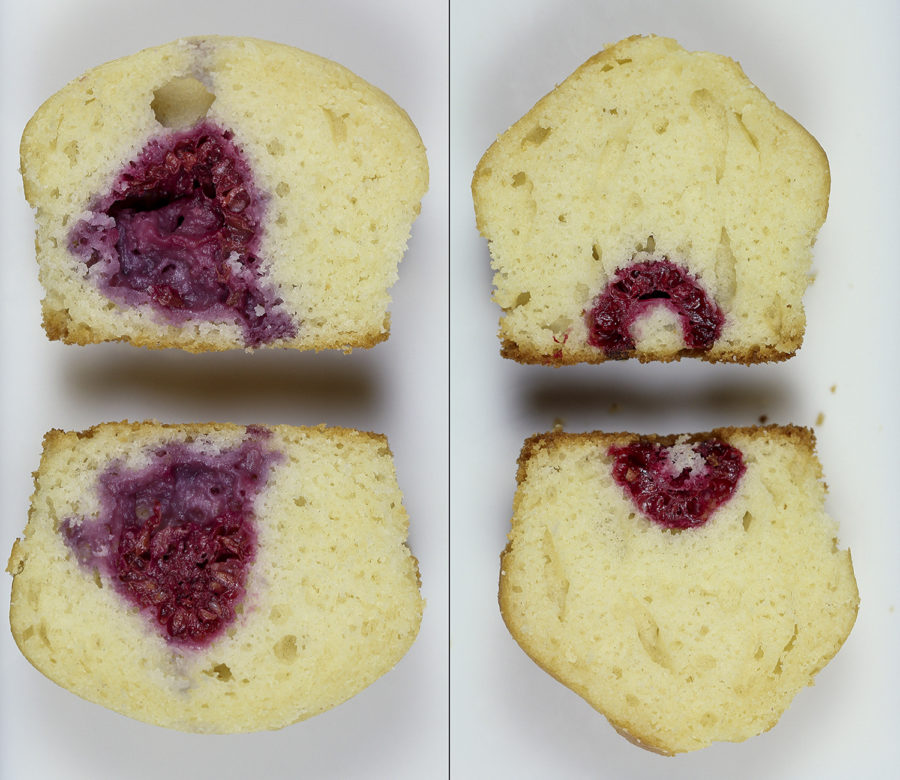 Without the treatment the researchers used, the raspberries dont keep their structure when baked in a muffin (left). With the treatment the researchers used, the raspberries baked better (right).