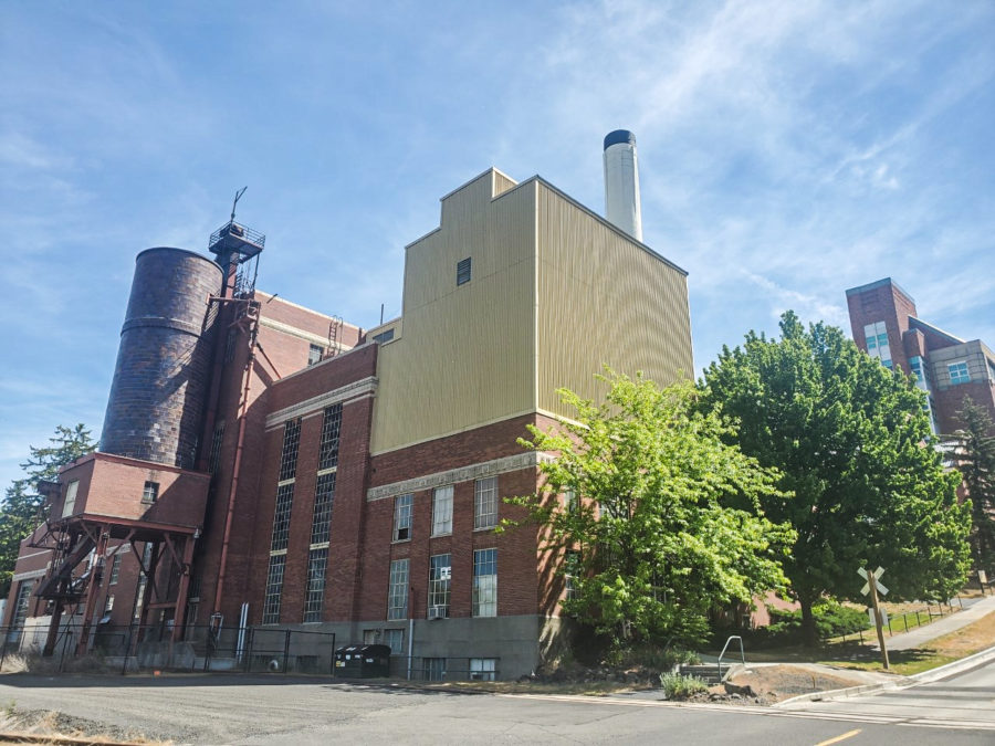 The steam plant, pictured here, is located on College Avenue on the west side of campus. It was built in 1935 and provided heat, power and light to the entire university. The plant was decommissioned in 2003 when the Grimes Way Steam Plant began operating. 