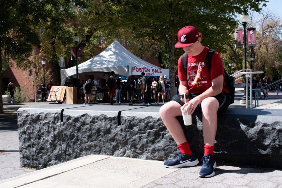 WSU student Nicolas Stearn takes a break between classes Tuesday afternoon on Terrell Mall. Although its just a normal school day, he still shows his school spirit.