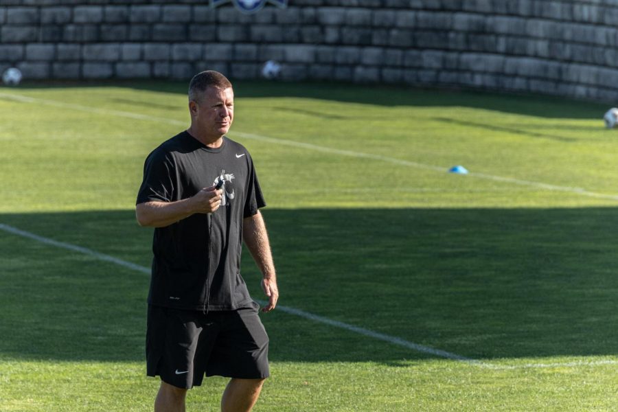Head coach Todd Shulenberger leads a preseason practice on Aug. 16 at the Lower Soccer Field in Pullman.
