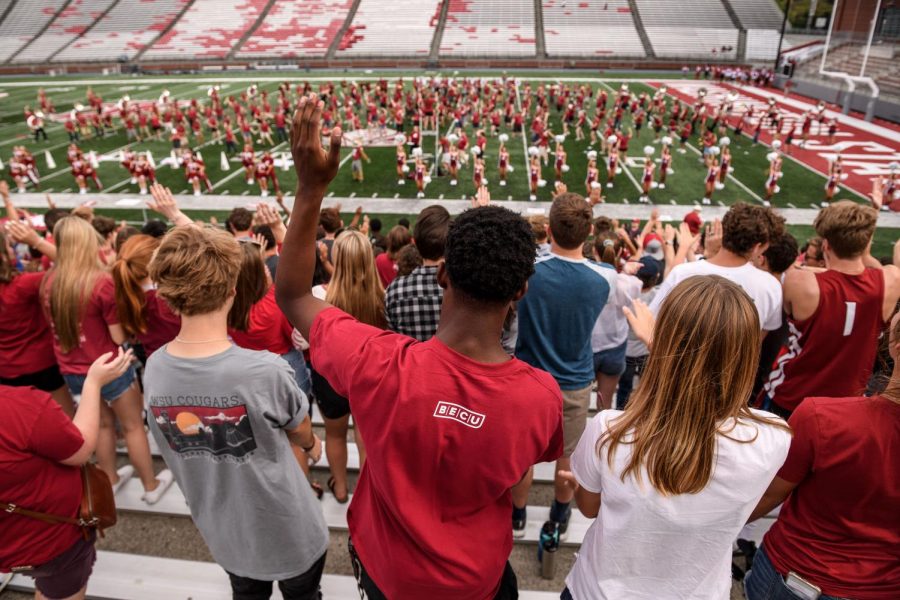 Students attend the Week of Welcome (WOW) rally at the start of the Fall 2019 semester in Martin Stadium on the campus of Washington State University Pullman, Wednesday, August 14, 2019.