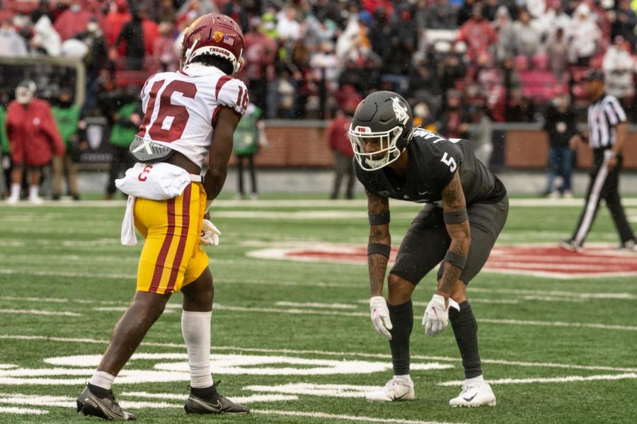 WSU defensive back Derrick Langford Jr. (5) lines up against USC wide receiver Tahj Washington (16) during a college football game Sept. 18, 2021, in Pullman.