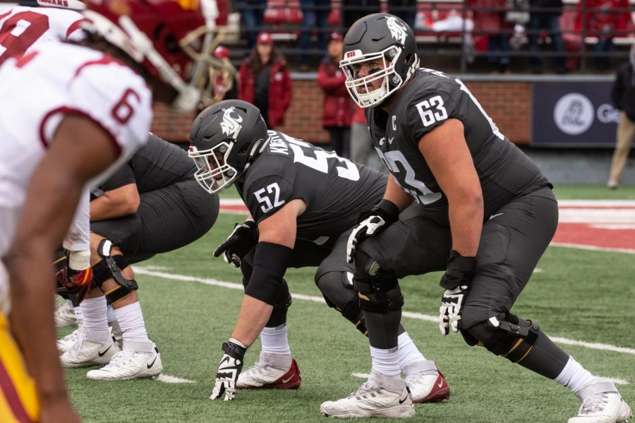 WSU offensive lineman Liam Ryan (63) lines up during a college football game, Saturday, Sept. 18, 2021, in Pullman, WA.