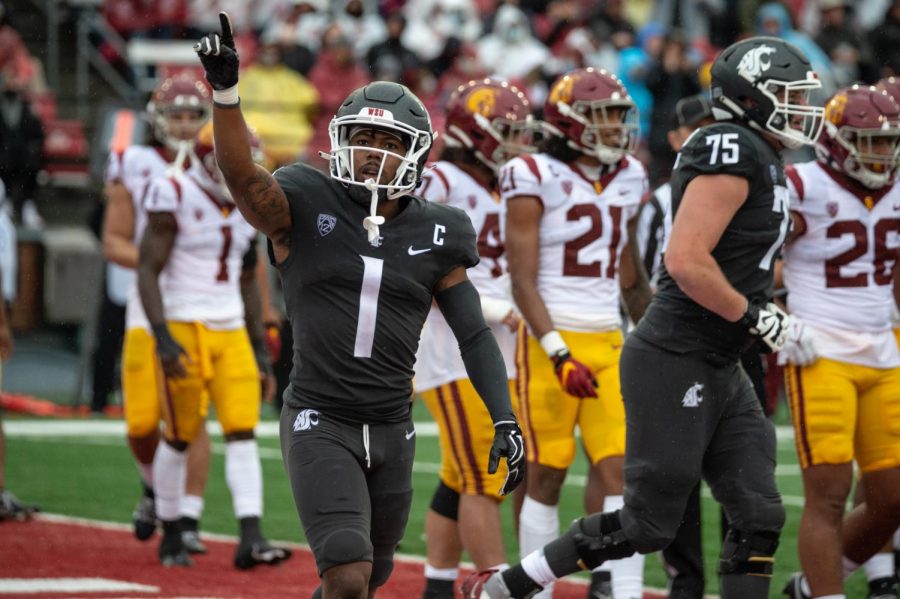 WSU wide receiver Travell Harris (1) celebrates a touchdown during the first half of a college football game Sept. 18 in Pullman.