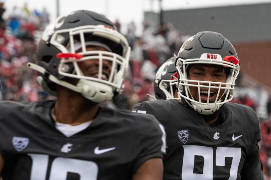 WSU defensive lineman Ty Garay-Harris and defensive back George Hicks III watch from the sideline during a college football game Sept. 18 in Pullman.