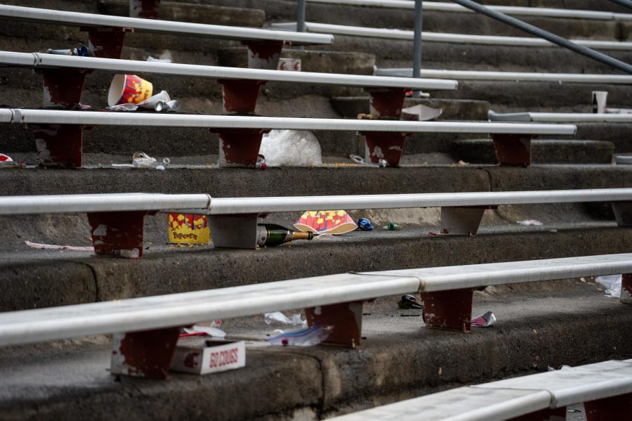 The WSU student section lies empty at the end of a college football game Sept. 18, 2021, in Pullman.