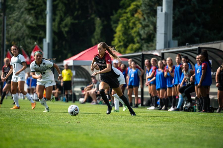 WSU forward Grayson Lynch dribbles the ball toward the goal in the second half Sept. 5 at the Lower Soccer Field in Pullman.