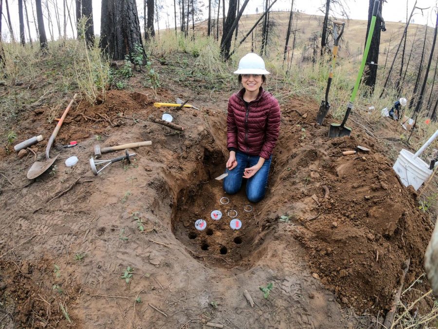 Professor Idil Akin collects soil samples for research after the 2018 Mesa Wildfire.