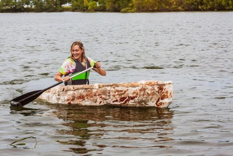 Katy Ayers spent several hours testing her mushroom canoe on the water.