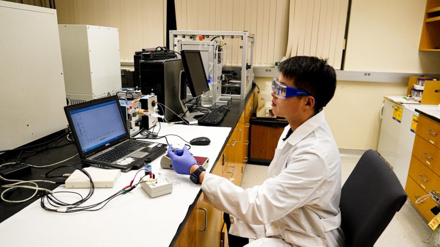 Shichao Ding, WSU doctoral candidate and primary author of the study, used a 3-D sensor to test glyphosate levels in beverages. Glyphosate can possibly cause major health issues, but is safe to consume in small amounts. 