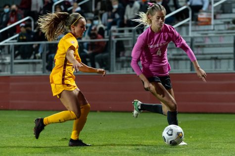 WSU forward Grayson Lynch (4) runs towards the goal during a college soccer match on Oct. 21, at the Lower Soccer Field in Pullman.