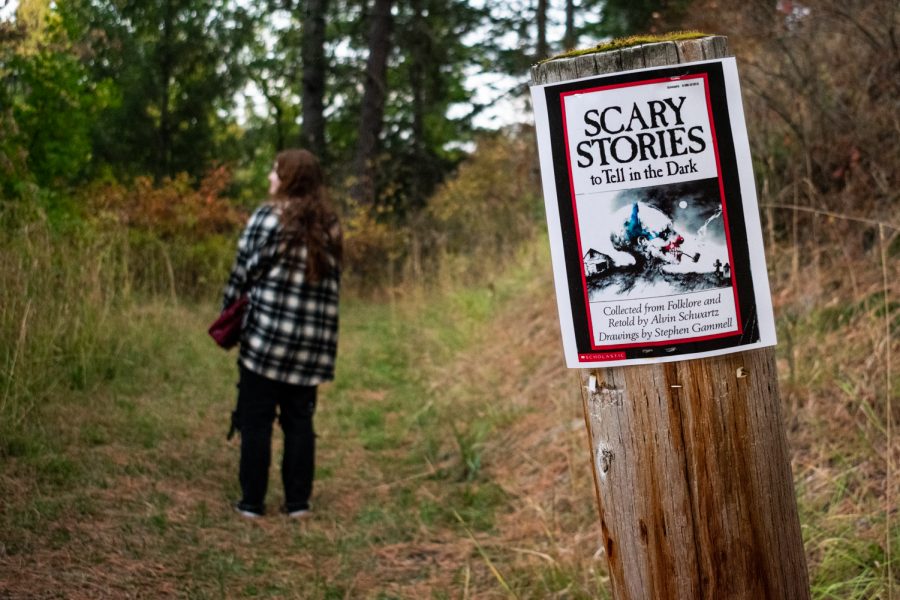 The 'Spooky Trail Tales' trailhead greets visitors before they head into the woods at the Elberton Hiking Trail near Garfield, Washington.