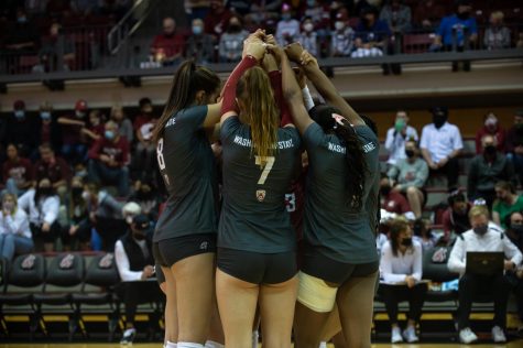 The WSU volleyball team prepares for a match against USC, Friday, Oct. 1, 2021, in Pullman.