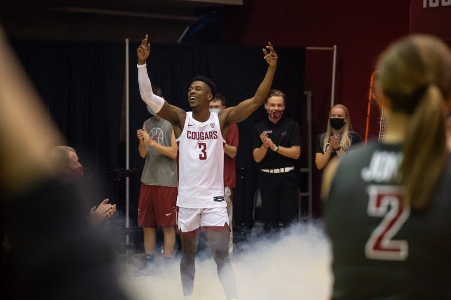 WSU guard Jefferson Koulibaly (3) makes his entrance  during ZZUMania, Friday, Oct. 15, 2021, in Bohler Gym in Pullman.