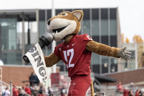 Butch T. Cougar encourgaes the crowd to sing along to Back Home during the first half of a college football game at Martin Stadium, Saturday, Oct. 23, 2021, in Pullman.