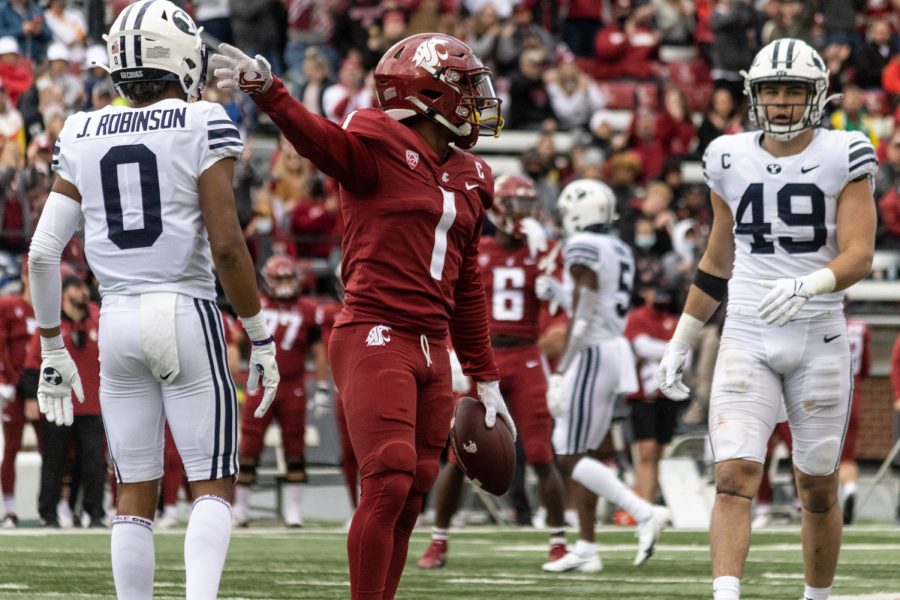 WSU wide receiver Travell Harris (1) celebrates a first down during the first half of a college football game, Saturday, Oct. 23, 2021, at Martin Stadium in Pullman.