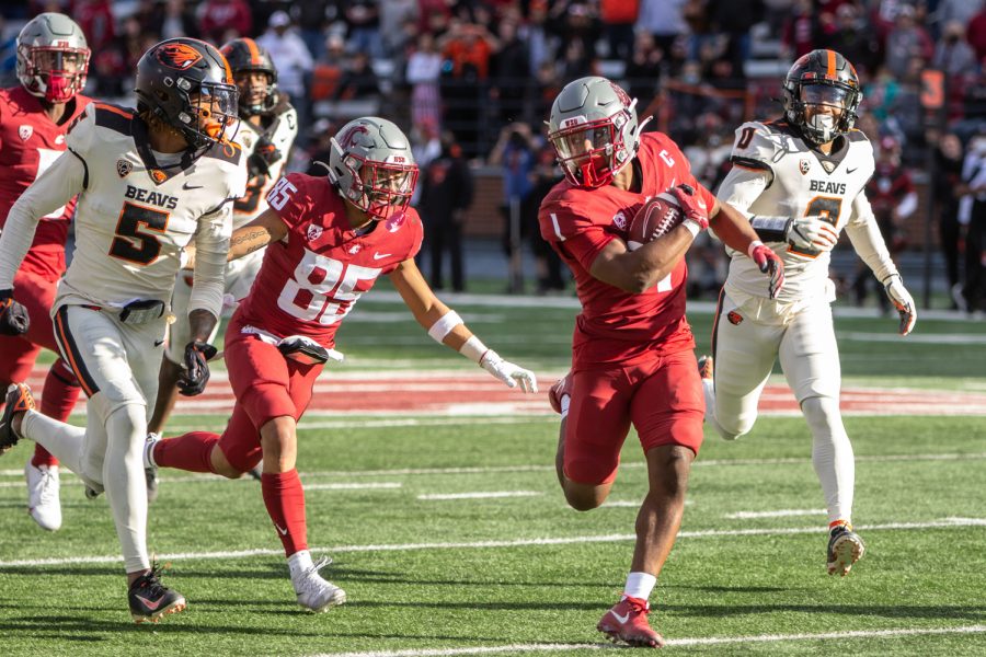 Washington State University wide reciever Travell Harris (1) runs downfield during a college football game at Martin Stadium, Saturday, Oct. 9, 2021, in Pullman, Wash.