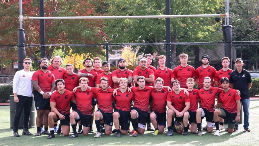 WSU mens rugby poses for a team photo.