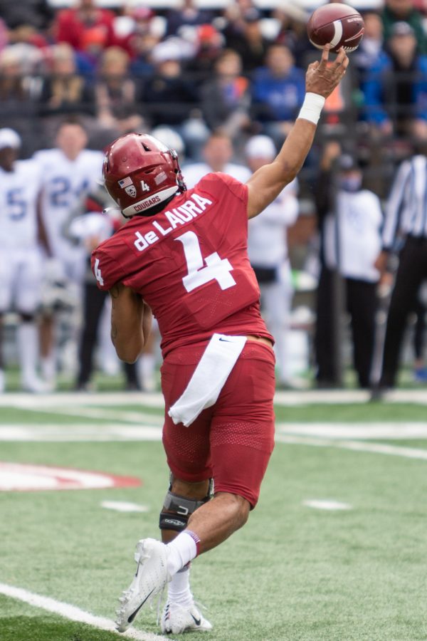 WSU quarterback Jayden de Laura (4) throws the ball during the first half of a college football game, Saturday, Oct. 23, 2021, at Martin Stadium in Pullman.