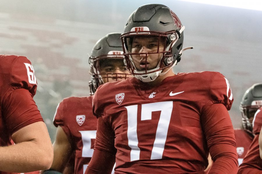 WSU defensive edge Justin Lohrenz (17) heads to the locker room before a college football game against the University of Arizona at Martin Stadium, Friday, Nov. 19, 2021, in Pullman, Wash.